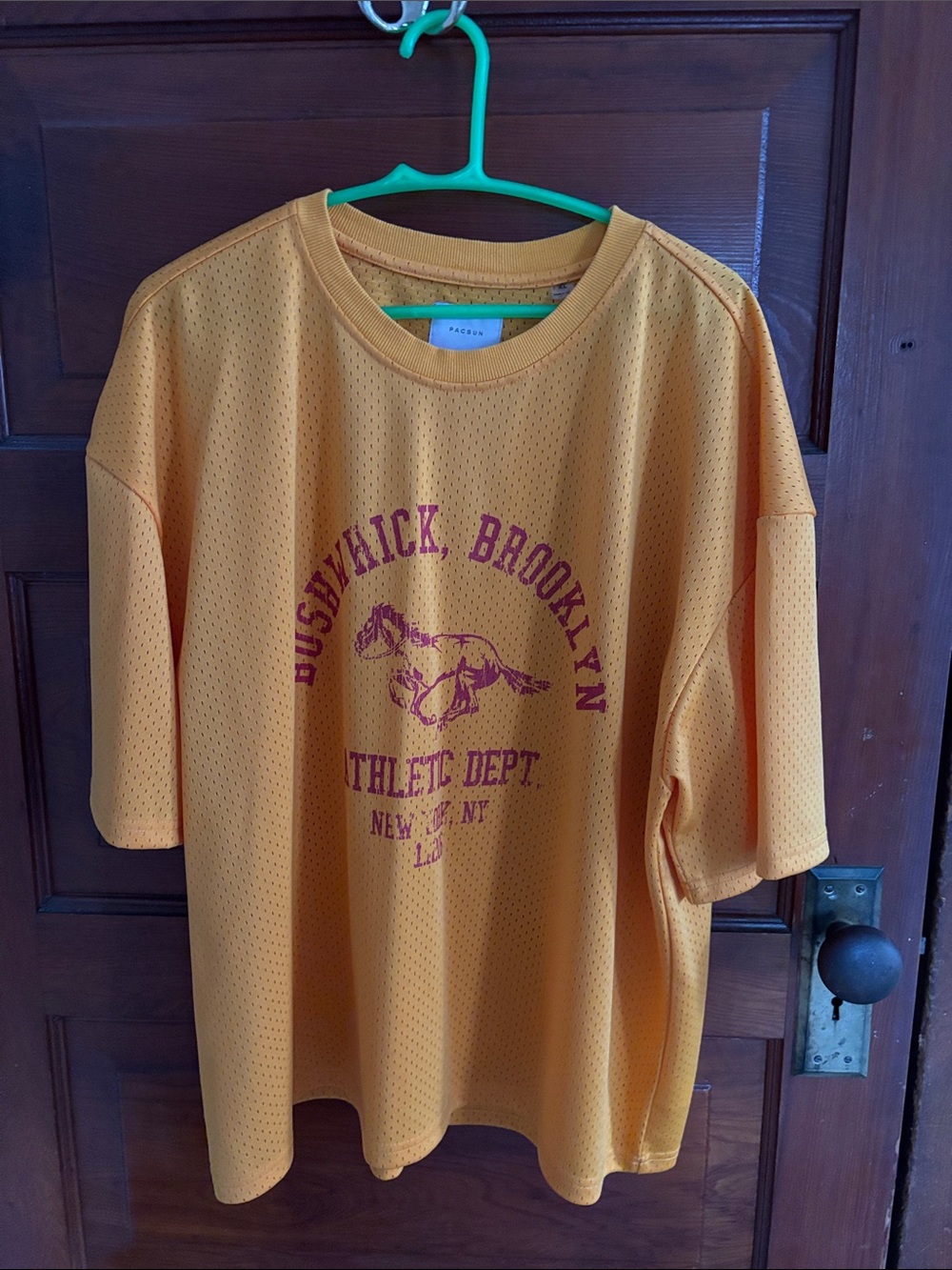 PacSun Mustard Yellow Mesh Jersey with Maroon Graphic